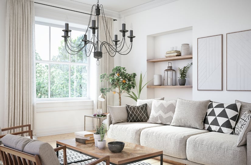 living room with a bright six paned window